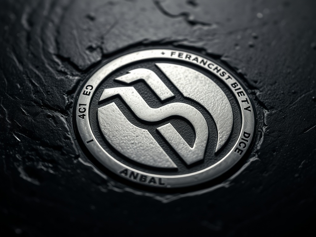 High-contrast macro shot of a silver logo emblem engraved on a dark stone surface, sharp reflections, luxury branding
